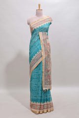 Blue bhandhini style chanderi cotton saree with contrast border and floral print blouse