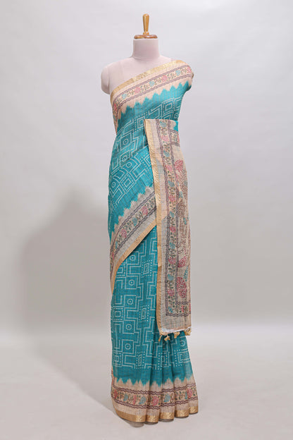 Blue bhandhini style chanderi cotton saree with contrast border and floral print blouse