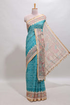 Blue bhandhini style chanderi cotton saree with contrast border and floral print blouse
