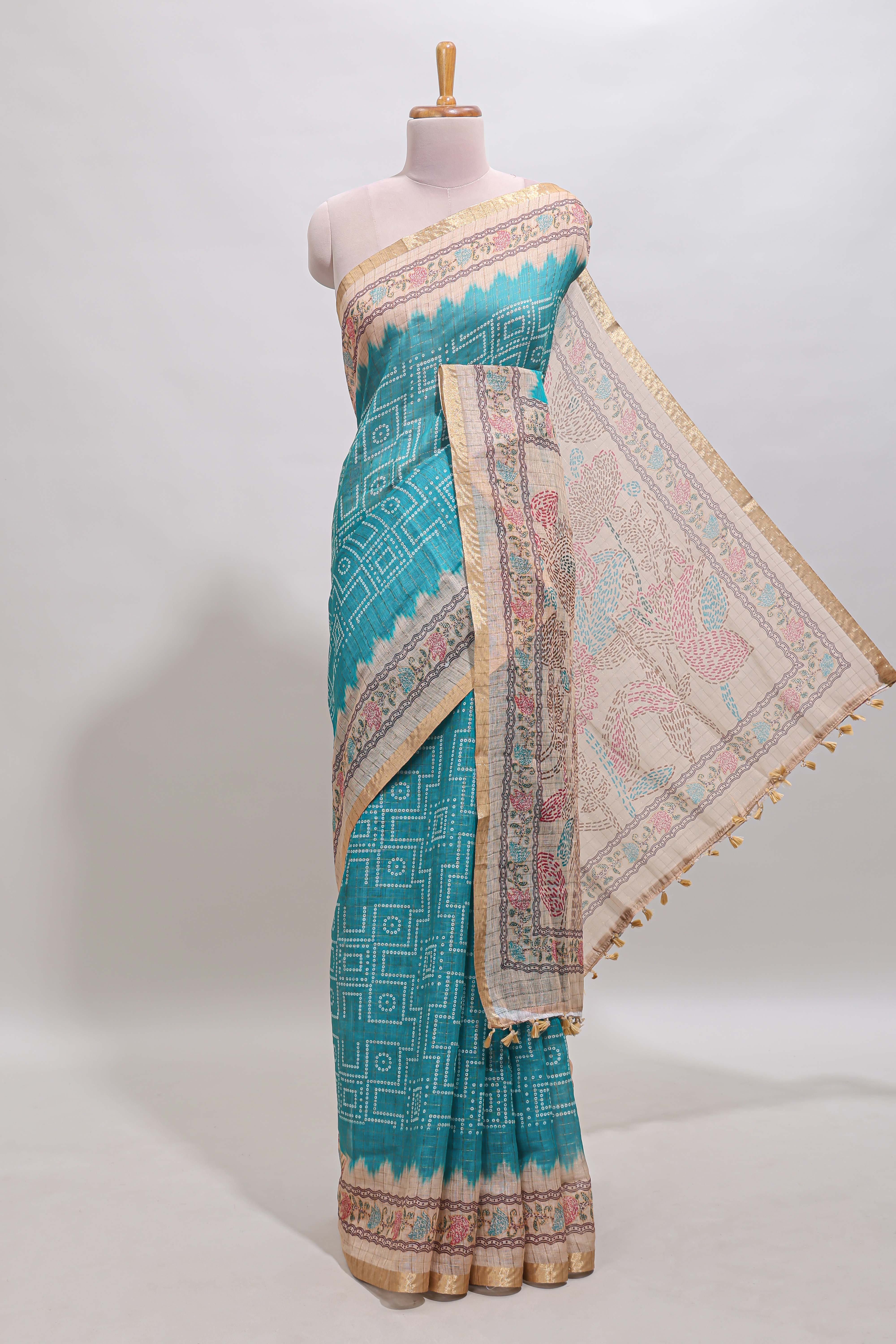Blue bhandhini style chanderi cotton saree with contrast border and floral print blouse