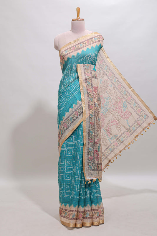 Blue bhandhini style chanderi cotton saree with contrast border and floral print blouse