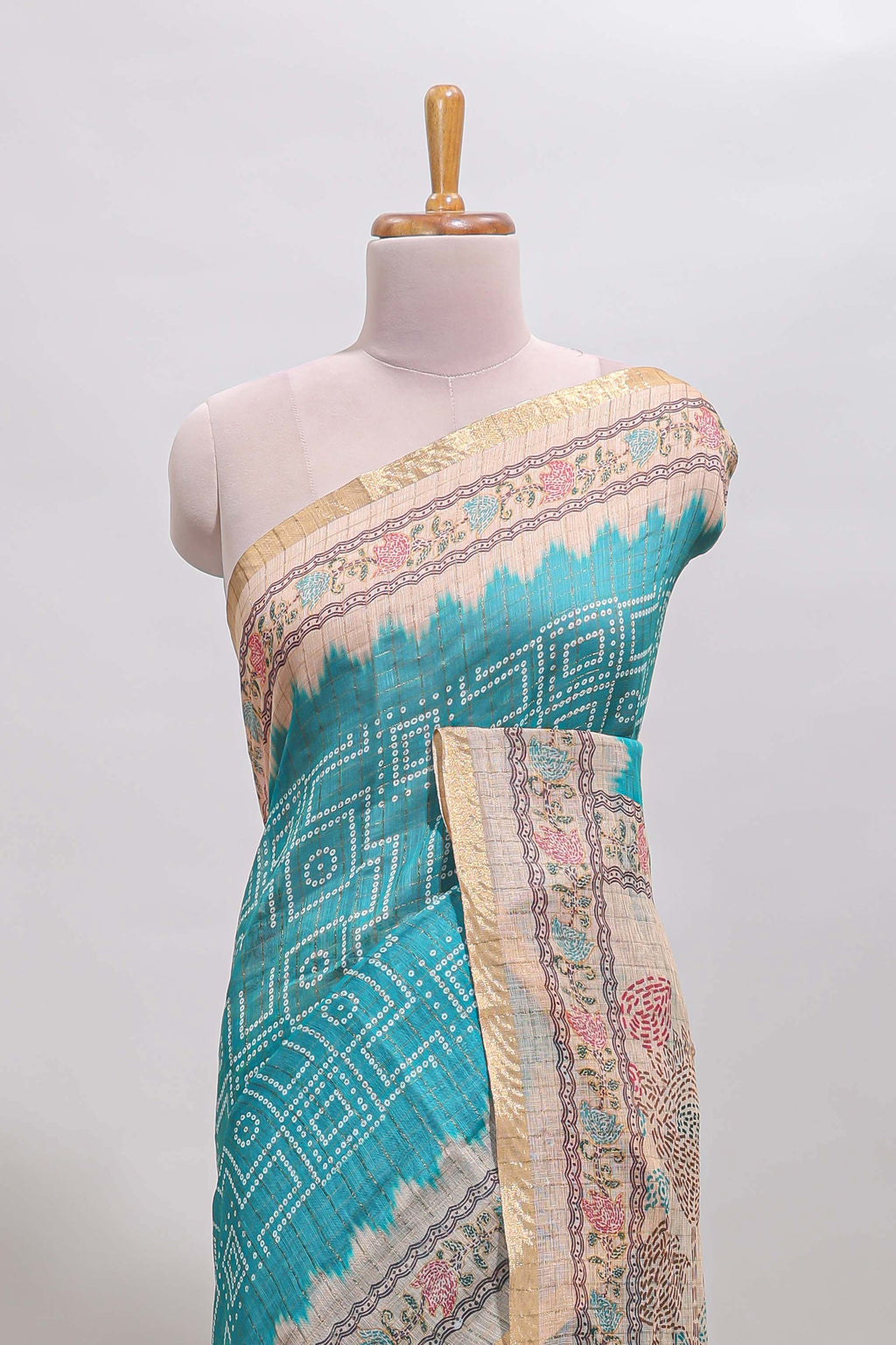Blue bhandhini style chanderi cotton saree with contrast border and floral print blouse