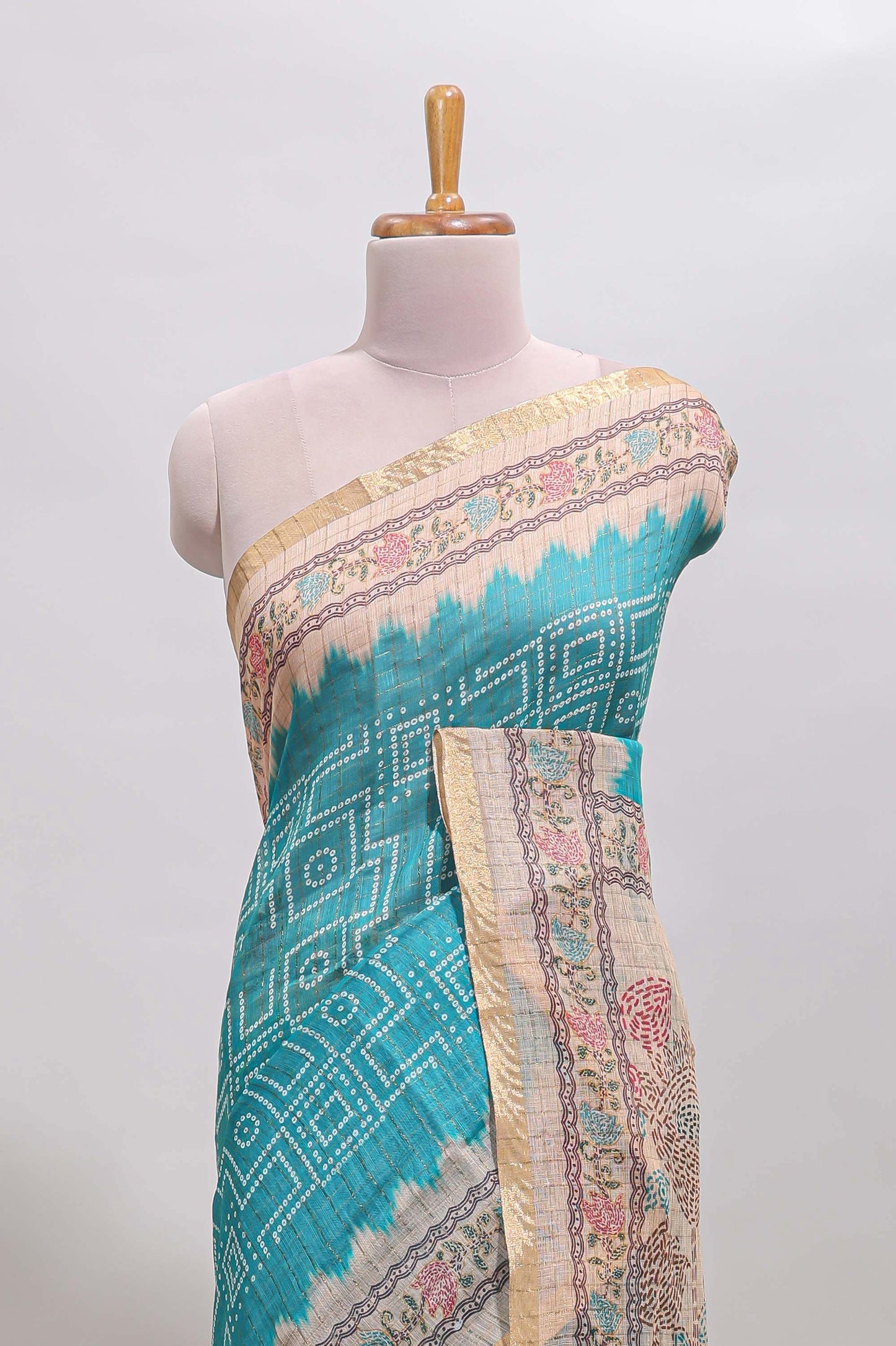Blue bhandhini style chanderi cotton saree with contrast border and floral print blouse