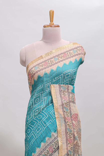 Blue bhandhini style chanderi cotton saree with contrast border and floral print blouse