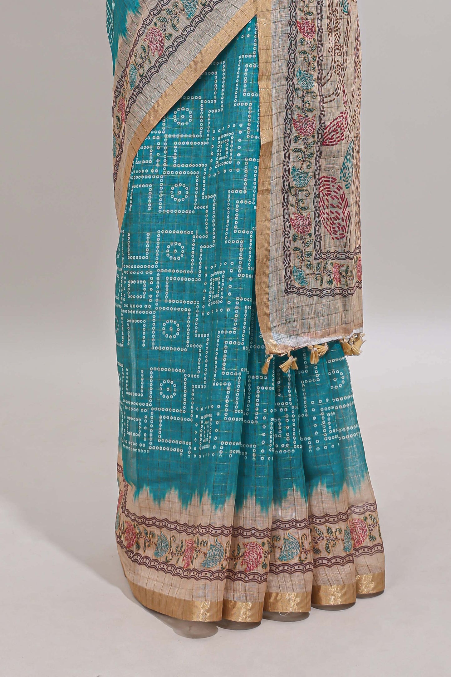 Blue bhandhini style chanderi cotton saree with contrast border and floral print blouse