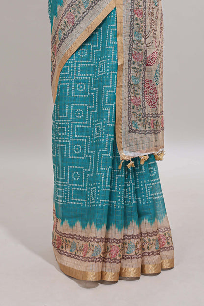 Blue bhandhini style chanderi cotton saree with contrast border and floral print blouse