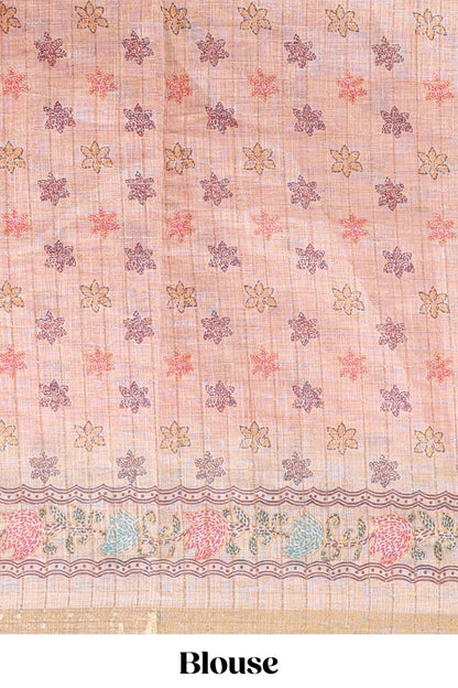 Blue bhandhini style chanderi cotton saree with contrast border and floral print blouse