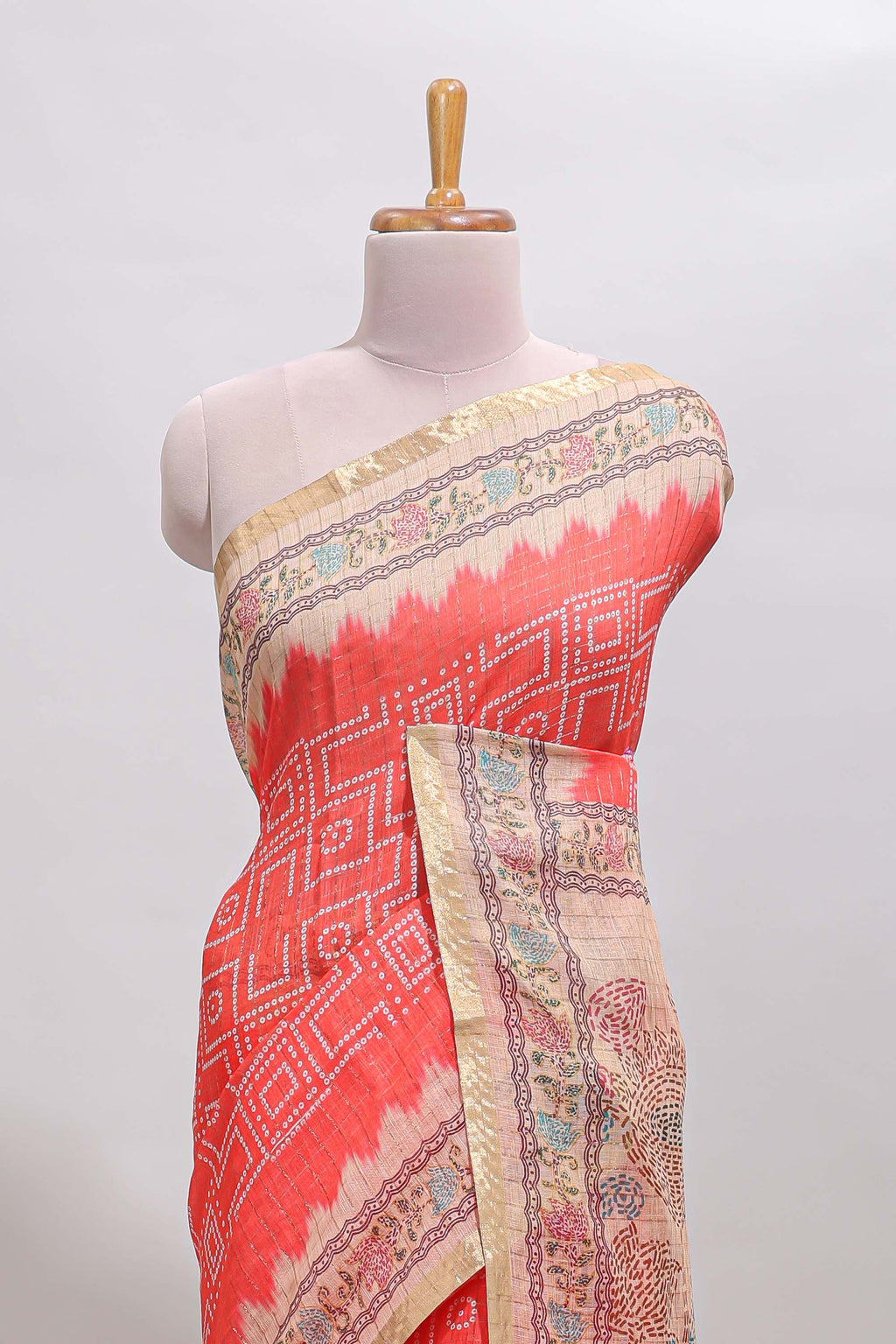 Pink checked bhandhini style chanderi cotton saree with contrast border and floral print blouse