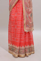 Pink checked bhandhini style chanderi cotton saree with contrast border and floral print blouse