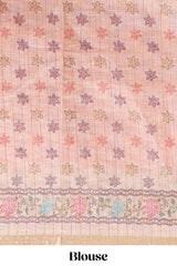 Pink checked bhandhini style chanderi cotton saree with contrast border and floral print blouse