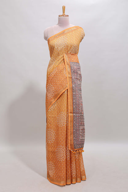 Mustard bhandhini style floral design chanderi cotton saree with self zari border and contrast printed blouse