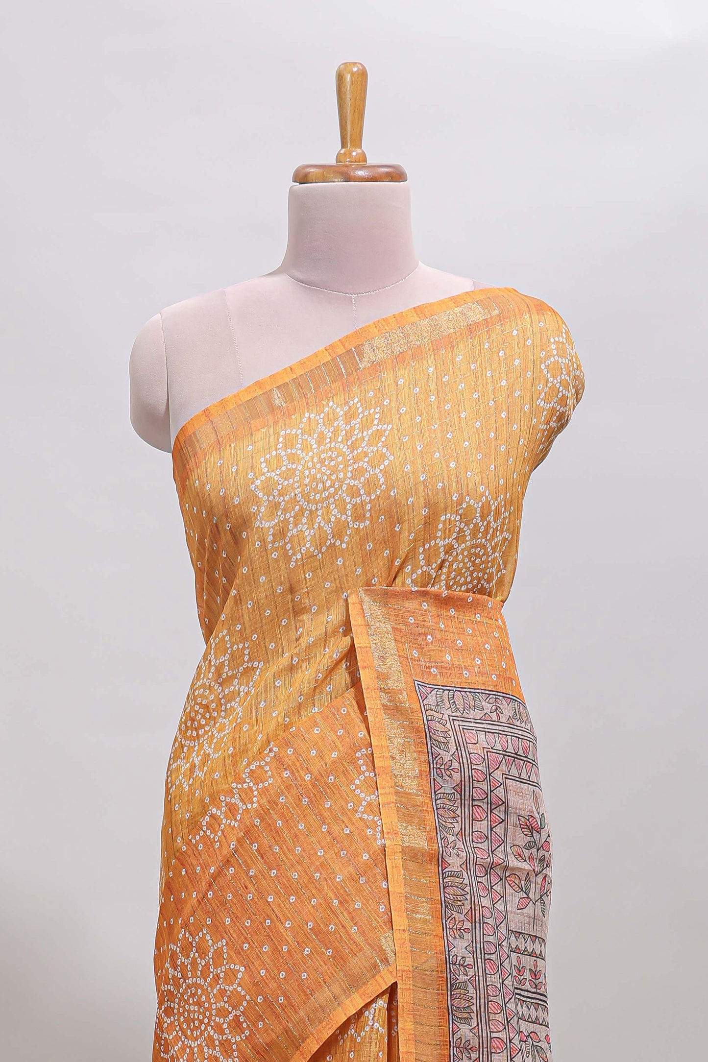 Mustard bhandhini style floral design chanderi cotton saree with self zari border and contrast printed blouse