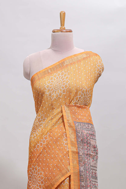 Mustard bhandhini style floral design chanderi cotton saree with self zari border and contrast printed blouse