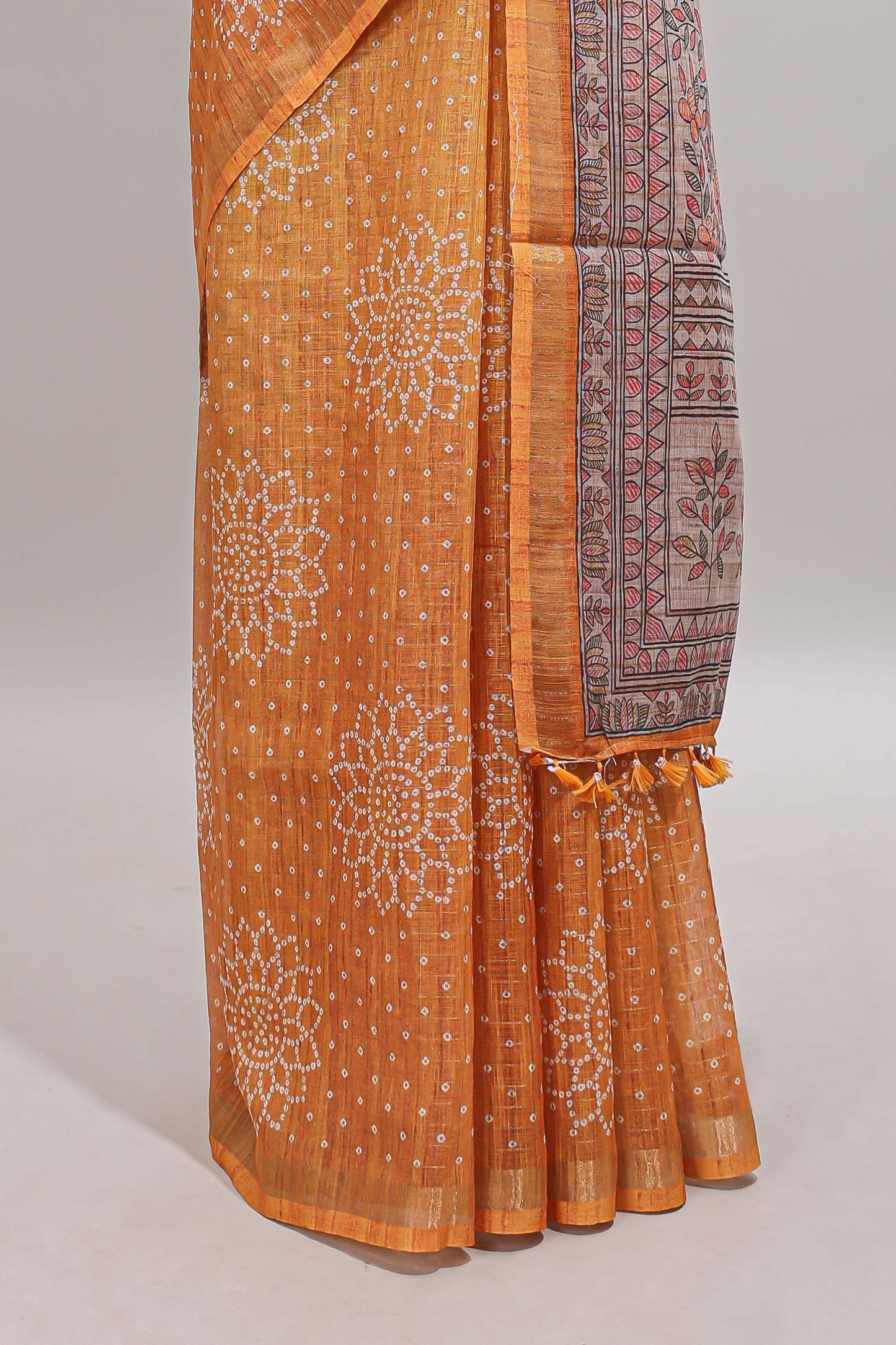 Mustard bhandhini style floral design chanderi cotton saree with self zari border and contrast printed blouse