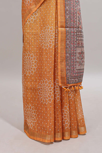 Mustard bhandhini style floral design chanderi cotton saree with self zari border and contrast printed blouse