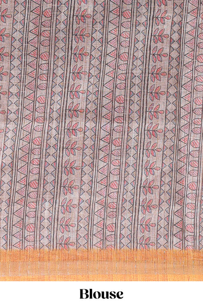 Mustard bhandhini style floral design chanderi cotton saree with self zari border and contrast printed blouse