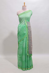 Green bhandhini style floral design chanderi cotton saree with self zari border and contrast printed blouse