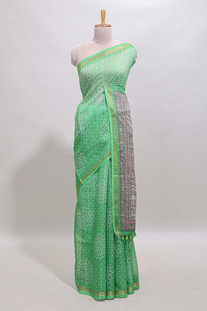 Green bhandhini style floral design chanderi cotton saree with self zari border and contrast printed blouse