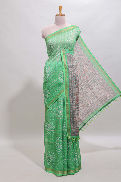 Green bhandhini style floral design chanderi cotton saree with self zari border and contrast printed blouse