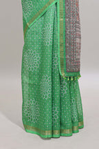 Green bhandhini style floral design chanderi cotton saree with self zari border and contrast printed blouse