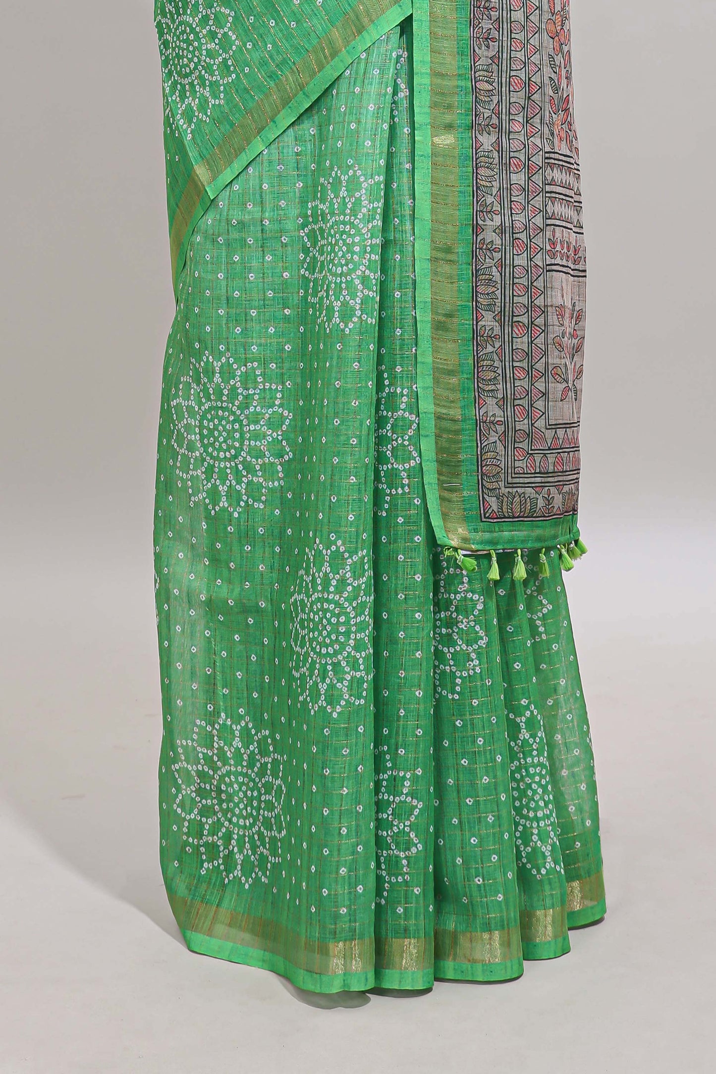 Green bhandhini style floral design chanderi cotton saree with self zari border and contrast printed blouse