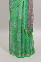 Green bhandhini style floral design chanderi cotton saree with self zari border and contrast printed blouse