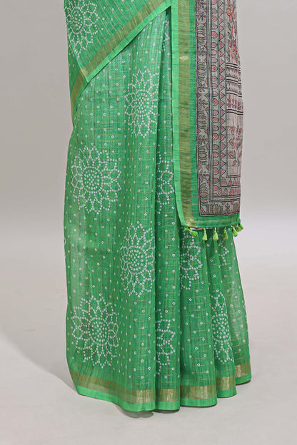 Green bhandhini style floral design chanderi cotton saree with self zari border and contrast printed blouse