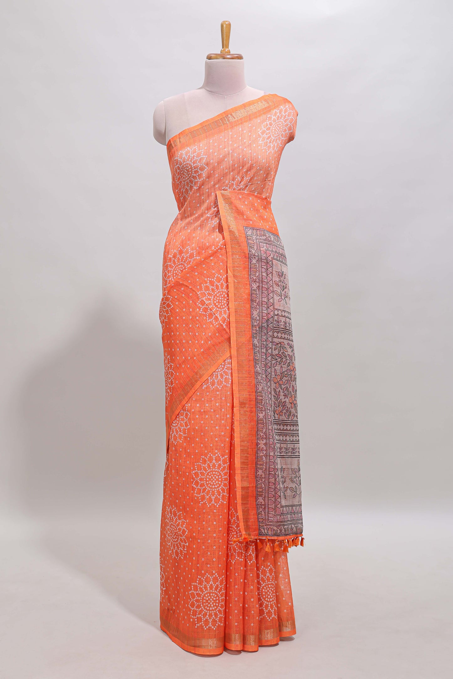 Orange bhandhini style floral design chanderi cotton saree with self zari border and contrast printed blouse