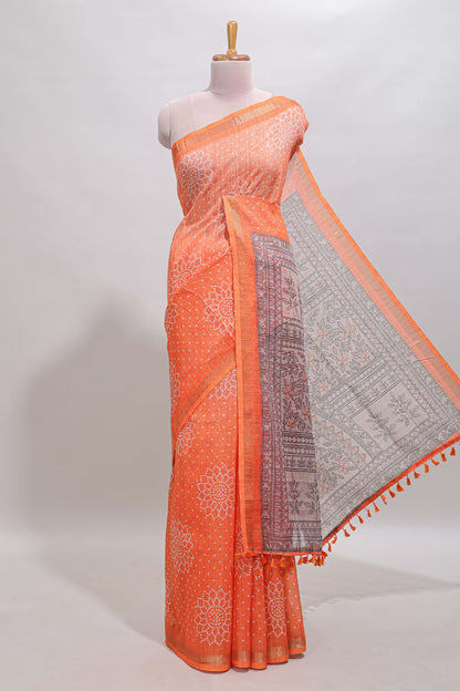 Orange bhandhini style floral design chanderi cotton saree with self zari border and contrast printed blouse