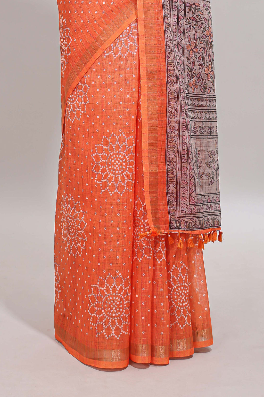 Orange bhandhini style floral design chanderi cotton saree with self zari border and contrast printed blouse