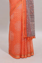 Orange bhandhini style floral design chanderi cotton saree with self zari border and contrast printed blouse