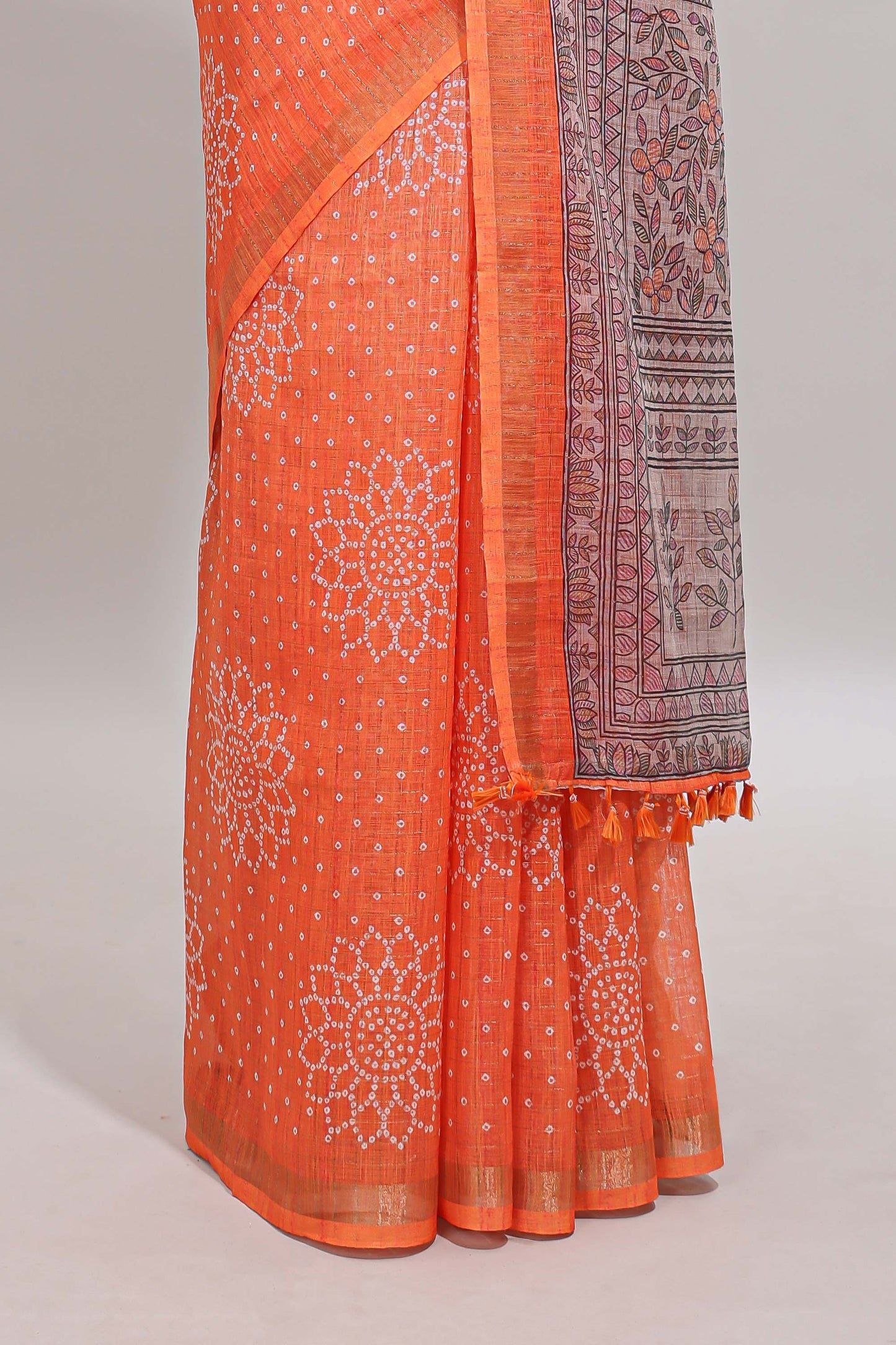 Orange bhandhini style floral design chanderi cotton saree with self zari border and contrast printed blouse