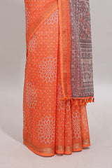 Orange bhandhini style floral design chanderi cotton saree with self zari border and contrast printed blouse