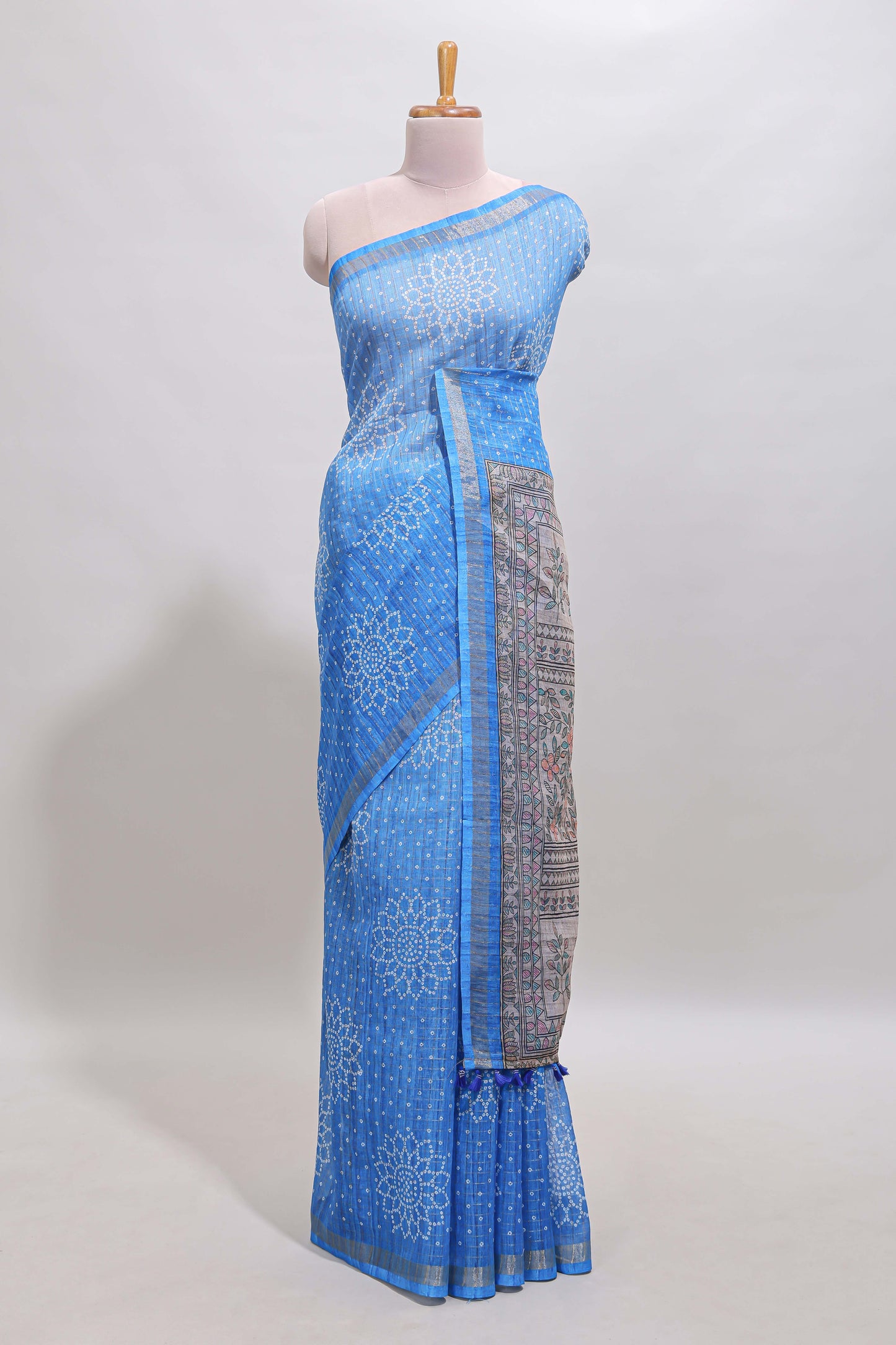 Blue bhandhini style floral design chanderi cotton saree with self zari border and contrast printed blouse