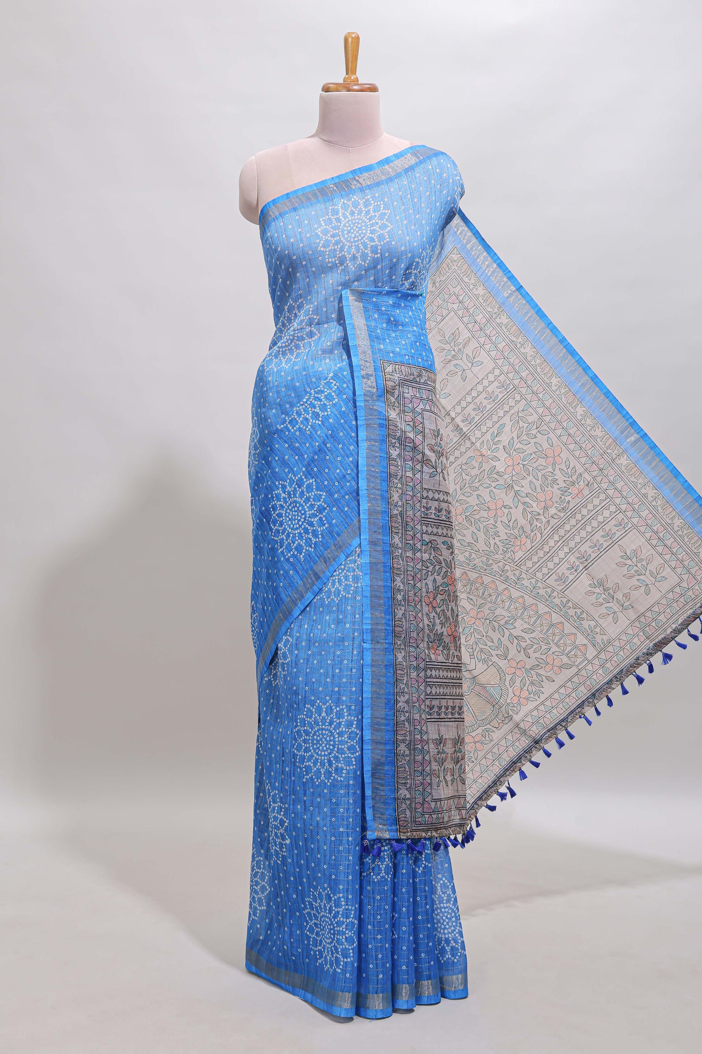 Blue bhandhini style floral design chanderi cotton saree with self zari border and contrast printed blouse