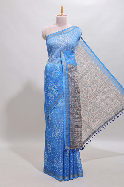 Blue bhandhini style floral design chanderi cotton saree with self zari border and contrast printed blouse