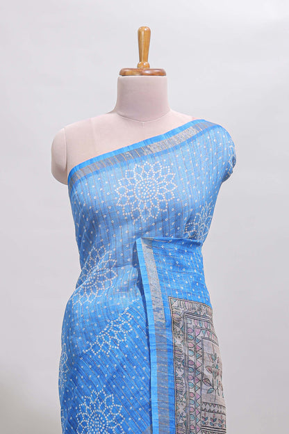 Blue bhandhini style floral design chanderi cotton saree with self zari border and contrast printed blouse