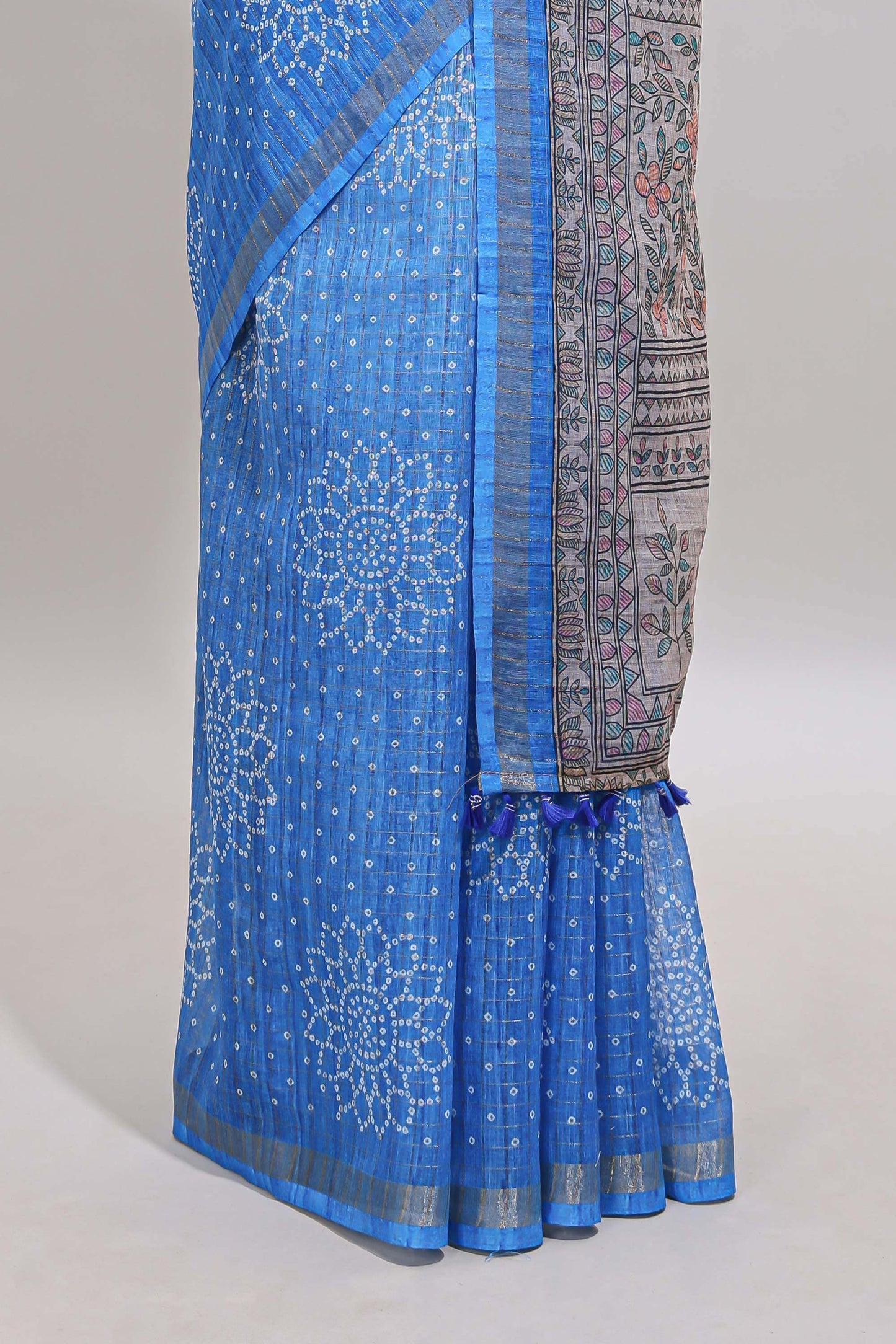 Blue bhandhini style floral design chanderi cotton saree with self zari border and contrast printed blouse