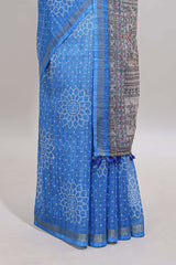 Blue bhandhini style floral design chanderi cotton saree with self zari border and contrast printed blouse