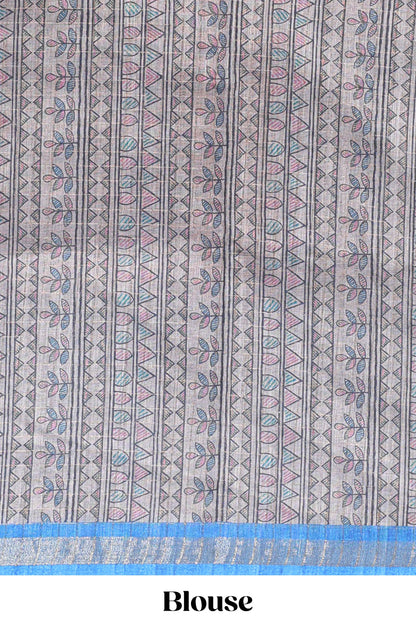 Blue bhandhini style floral design chanderi cotton saree with self zari border and contrast printed blouse