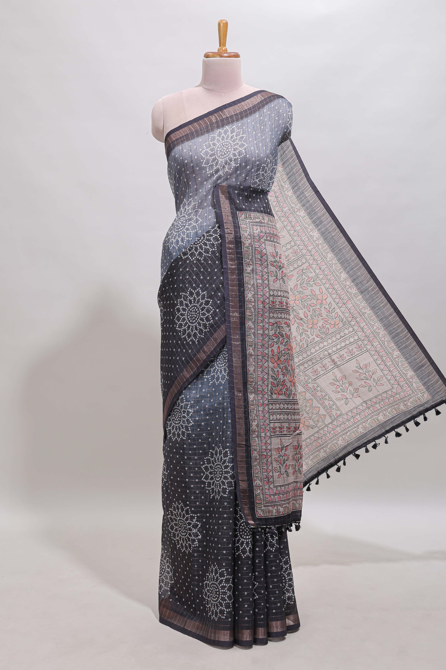 Dual shade bhandhini style floral design chanderi cotton saree with self zari border and contrast printed blouse