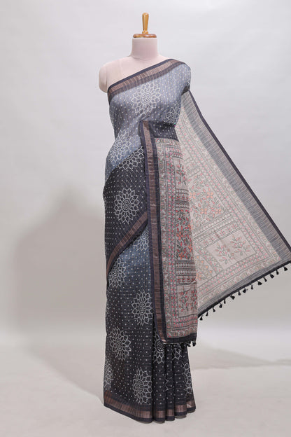 Dual shade bhandhini style floral design chanderi cotton saree with self zari border and contrast printed blouse