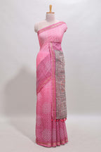 Pink bhandhini style floral design chanderi cotton saree with self zari border and contrast printed blouse