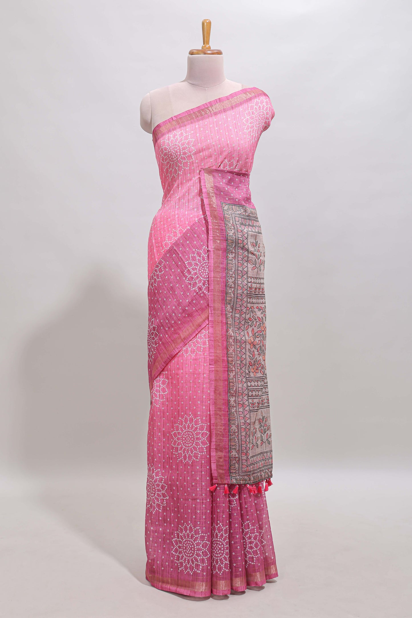 Pink bhandhini style floral design chanderi cotton saree with self zari border and contrast printed blouse