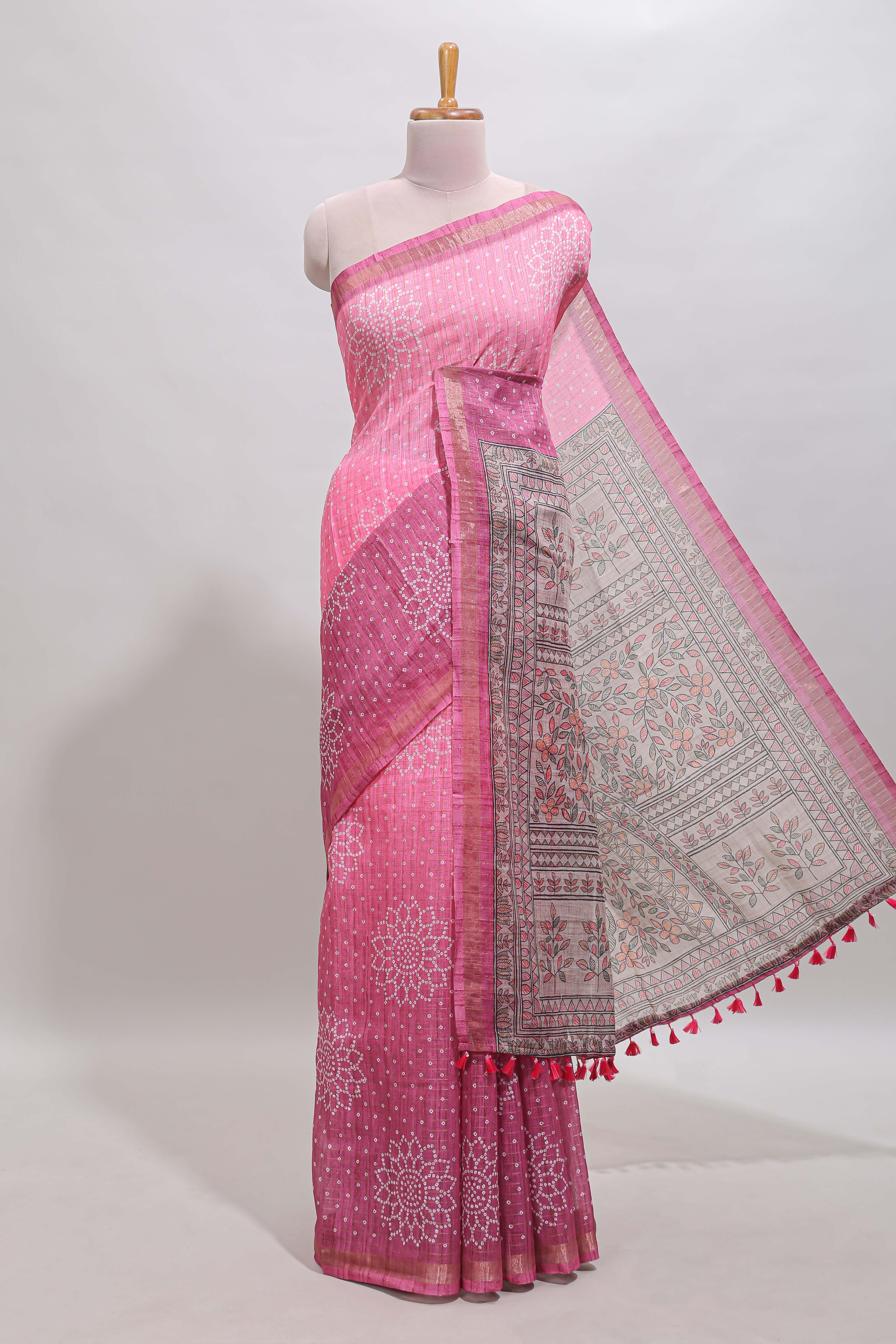 Pink bhandhini style floral design chanderi cotton saree with self zari border and contrast printed blouse