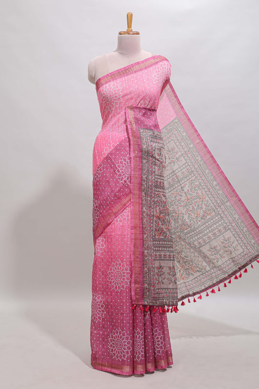 Pink bhandhini style floral design chanderi cotton saree with self zari border and contrast printed blouse