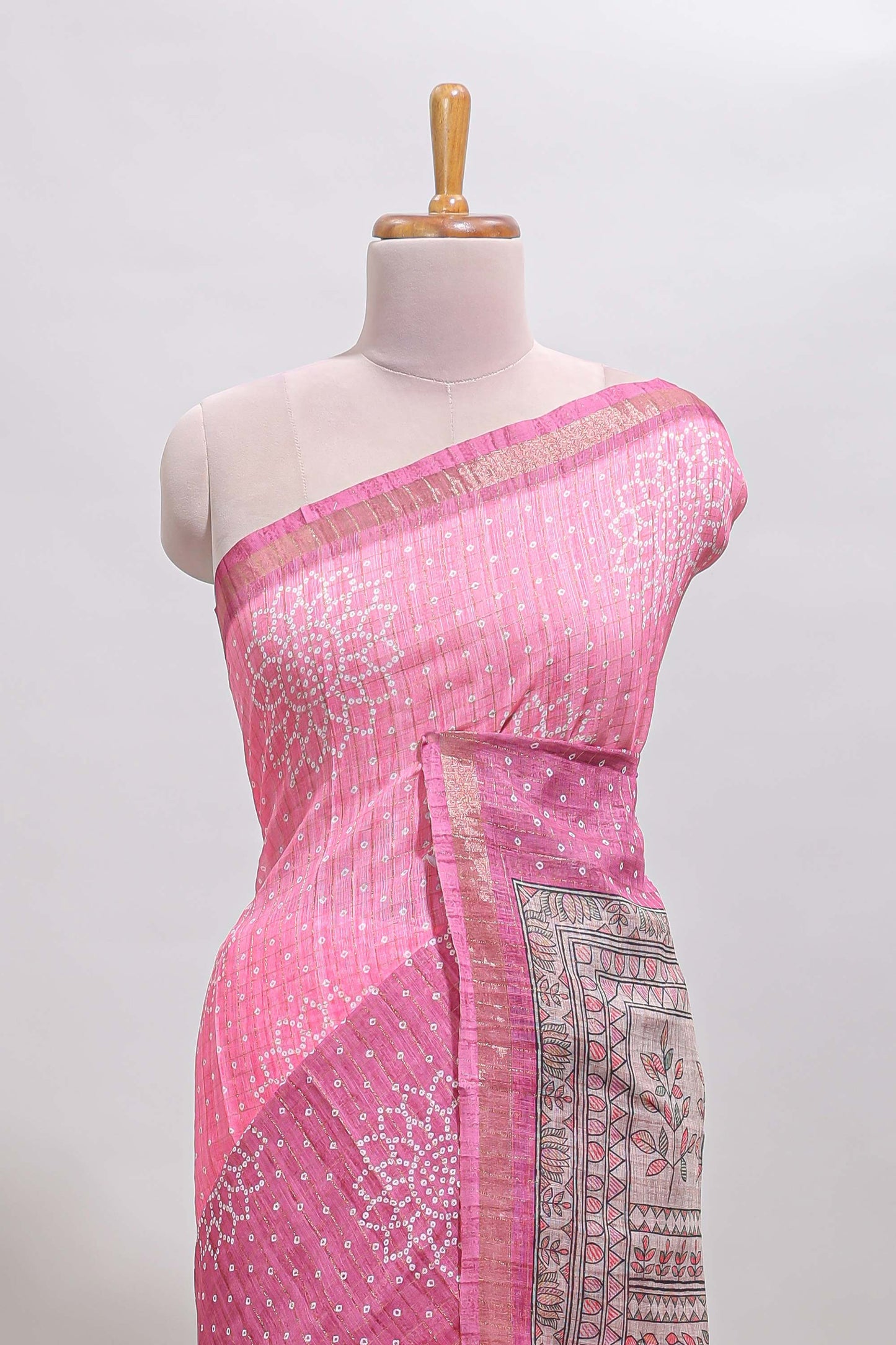 Pink bhandhini style floral design chanderi cotton saree with self zari border and contrast printed blouse