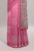 Pink bhandhini style floral design chanderi cotton saree with self zari border and contrast printed blouse