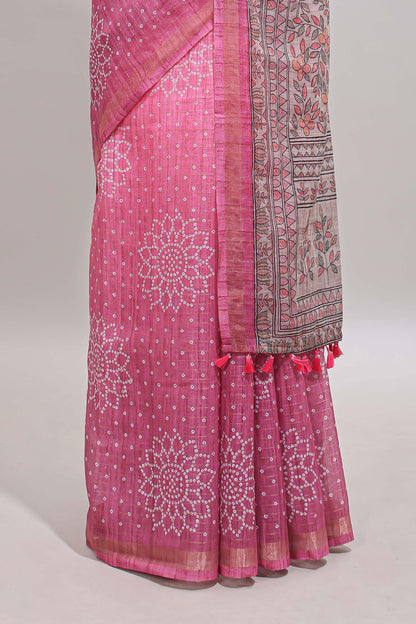 Pink bhandhini style floral design chanderi cotton saree with self zari border and contrast printed blouse