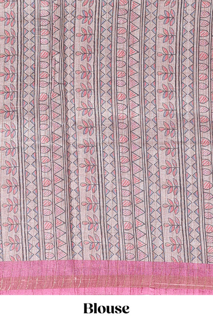 Pink bhandhini style floral design chanderi cotton saree with self zari border and contrast printed blouse
